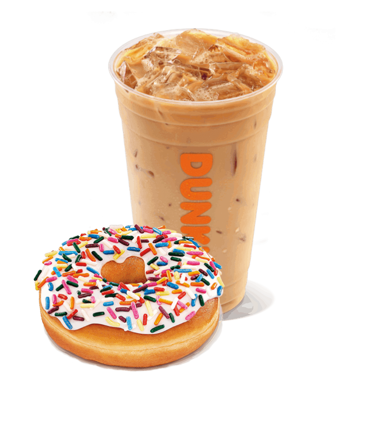 Iced coffee in a clear cup with a Dunkin' logo, beside a sprinkle-covered donut on a white stand.