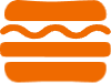 An orange icon of a hamburger with two buns, a patty, and wavy lines representing lettuce or toppings in between, perfect for a coffee and donuts franchise.