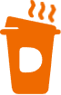 An orange coffee cup icon with steam rising from the top and the letter "D" on the front, perfect for a coffee and donuts franchise.