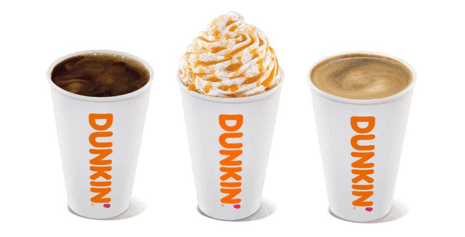 Three Dunkin' cups from the beloved coffee and donuts franchise filled with different beverages: one with iced coffee, one with a whipped cream-topped drink, and one with hot coffee.