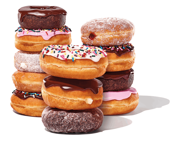 A stack of assorted doughnuts, featuring varieties topped with chocolate, sprinkles, and powdered sugar, perfect for a coffee and donut franchise.