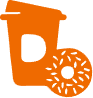 An orange icon showing a coffee cup with a large "D" on it next to a donut, representing a renowned coffee and donuts franchise.