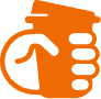 An orange icon of a right hand holding a disposable coffee cup with a lid, reminiscent of a popular coffee and donuts franchise.