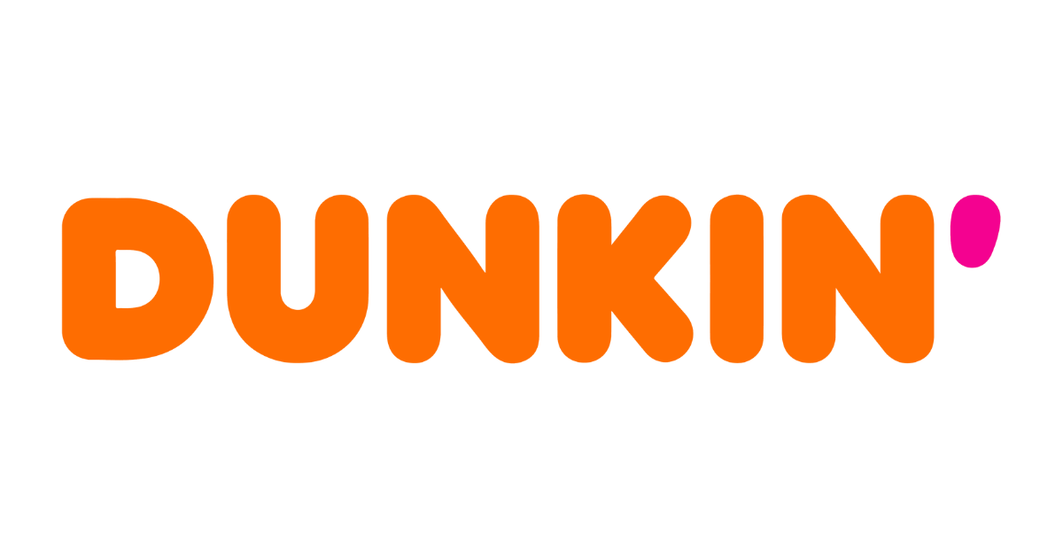 Dunkin' logo in bold orange letters with a pink apostrophe, representing a coffee and donut franchise.
