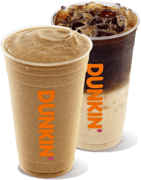 Two Dunkin' drinks from a coffee and donut franchise: a frozen coffee on the left and an iced coffee on the right, both displayed against a transparent.