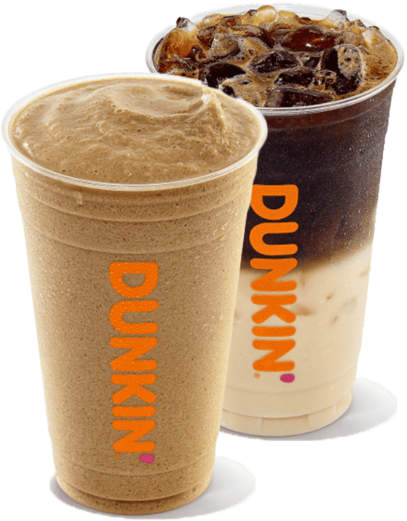 Two delightful Dunkin' drinks from your favorite coffee and donuts franchise: one frozen coffee and one iced coffee with cream, both in clear cups adorned with the iconic Dunkin' logo.