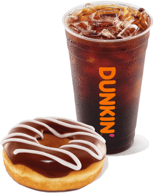 Iced coffee and donut franchise offering in a branded cup next to a frosted donut with a white icing drizzle.