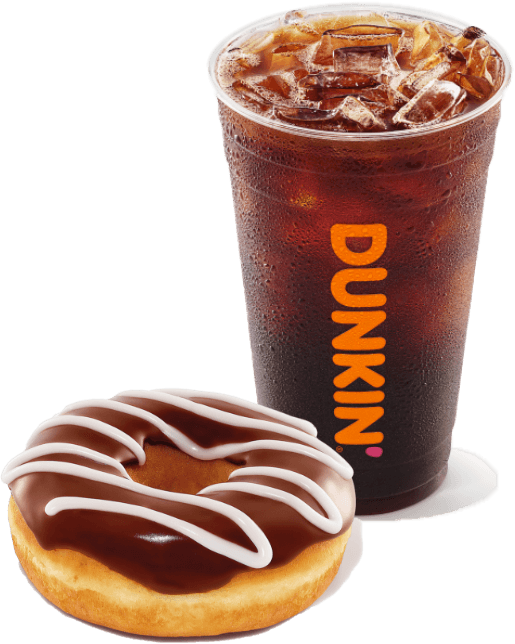 A cup of iced coffee with a Dunkin' logo sits next to a chocolate-glazed donut with white icing drizzle, perfectly capturing the essence of this beloved coffee and donuts franchise.