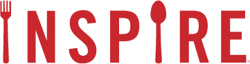 Logo of "inspire" in red block letters, incorporating a fork and a spoon into the letter 'n' and 'r' respectively for a coffee and donut franchise.