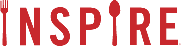 The word "INSPIRE" is displayed in red capital letters, with a fork forming the "I," a chef's hat and rolling pin for the "S," and a spoon for the "R," capturing the essence of a coffee and donuts franchise.
