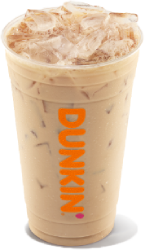 Iced coffee in a clear cup with the coffee and donut franchise logo, topped with whipped cream and a dash of cinnamon.