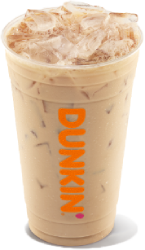 A plastic cup filled with iced coffee featuring the Dunkin' logo on its side, a staple of the beloved coffee and donuts franchise.