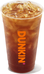 A plastic cup filled with iced tea, branded with the Dunkin' logo.