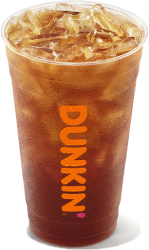 A clear plastic cup filled with iced coffee from Dunkin', the renowned coffee and donuts franchise, featuring the brand's iconic orange and pink logo on the side.